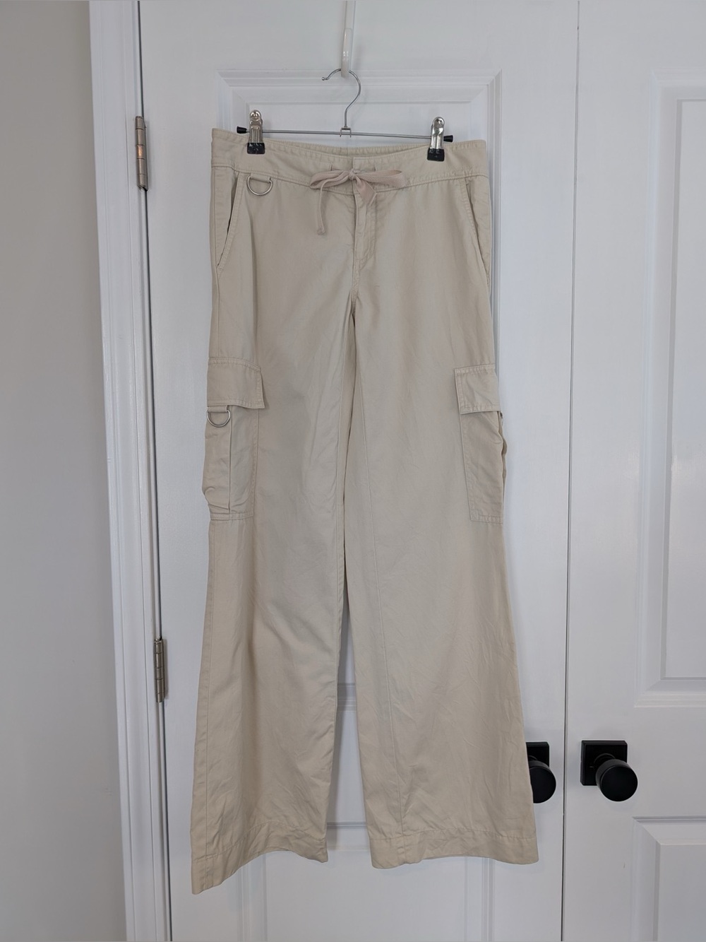 Banana Republic Cargo Pants Wide Leg Drawstring Cream Tan D-Ring Sz 0 Y2K